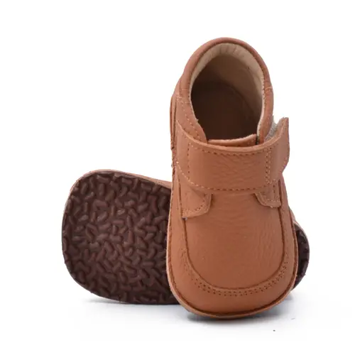 Ghete barefoot copii, din piele naturala cu scai si talpa din cauciuc, maro cognac- RO-14-7-21-By Pebebe