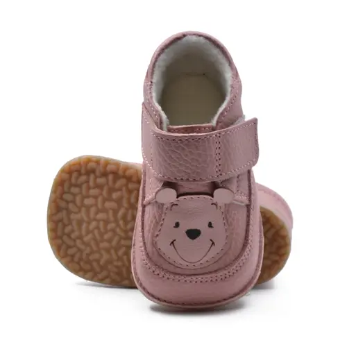 Ghete barefoot copii, piele naturala, captuseala textila, talpa din cauciuc, urs, roz - RO-23-2-24-By Pebebe