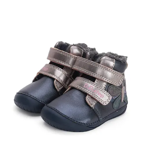 Ghete Barefoot fete, piele naturala, captusite, bleumarin sidef, fluture, D.D.Step - W070-42522-25-