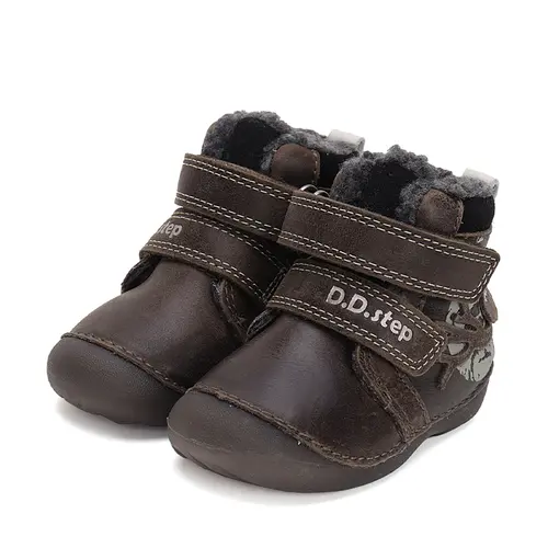 Ghete copii, piele naturala, talpa flexibila si fluorescentă, imblanite, maro inchis, bufnita, D.D.Step - W015-42249A-24-