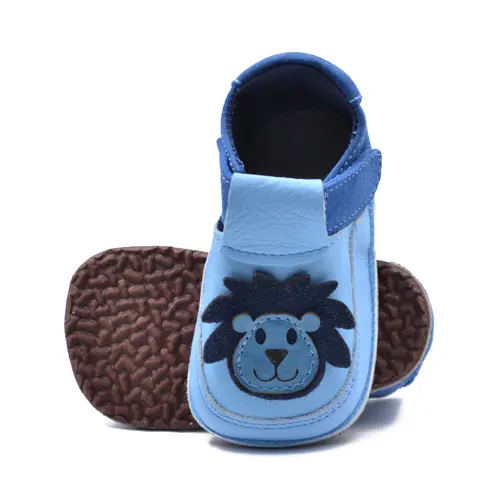 Pantofi pentru primii pasi din piele naturala, talpa flexibila, albastru, model cu leu- RO-16-19-24-By Pebebe