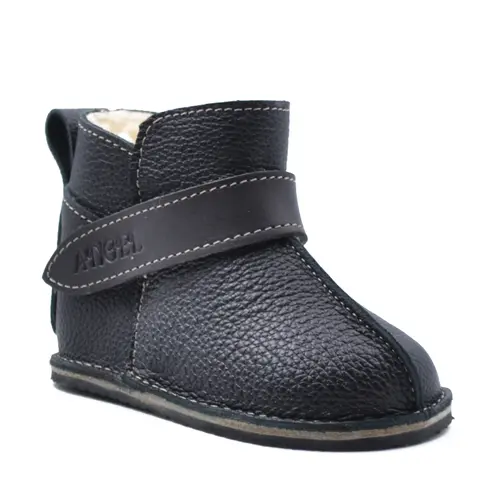 Cizme din piele pentru copii, talpa flexibila, imblanite, negru- RO-106-23-24-By Pebebe