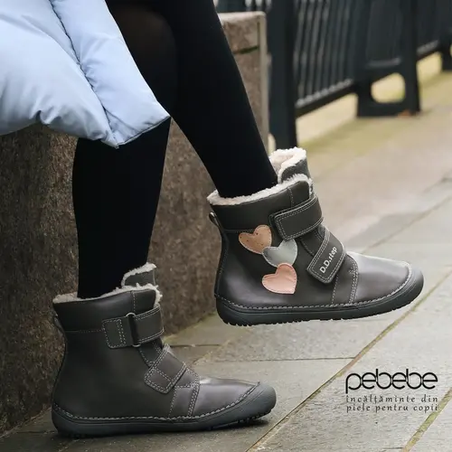 Ghete barefooot fete, piele naturala, captuseala, gri, inimioare, D.D.Step- W063-42152AM-30-D.D. Step