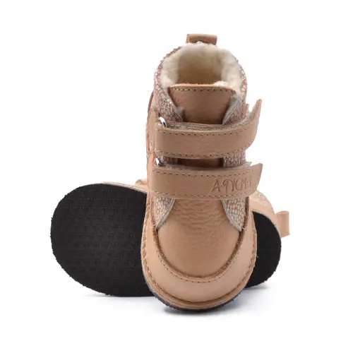 Ghete copii Barefoot, piele naturala, captuseala din blana, talpa felxibila, camel, Stuy - RO-115-5-24-