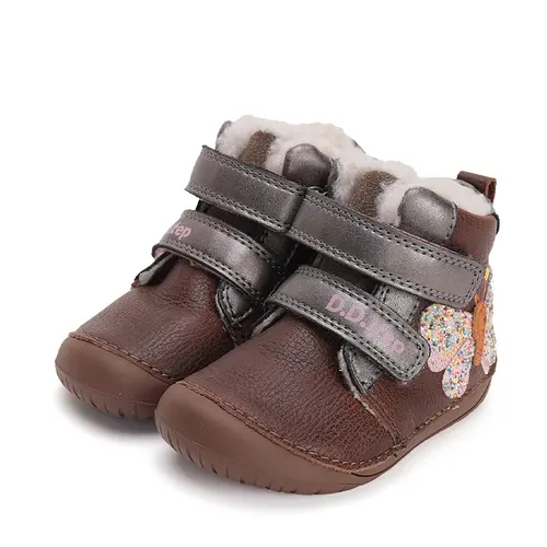 Ghete Barefoot fete, piele naturala, captusite, maro inchis, fluture, D.D.Step - W070-42522A-25-