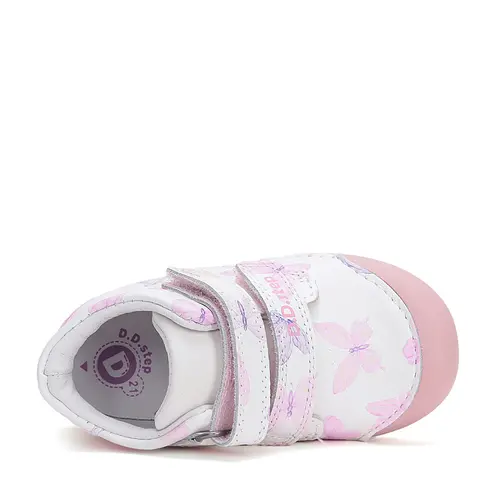 Pantofi fete, piele naturala, primii pasi, alb cu fluturi, D.D. Step- S066-51151-25-