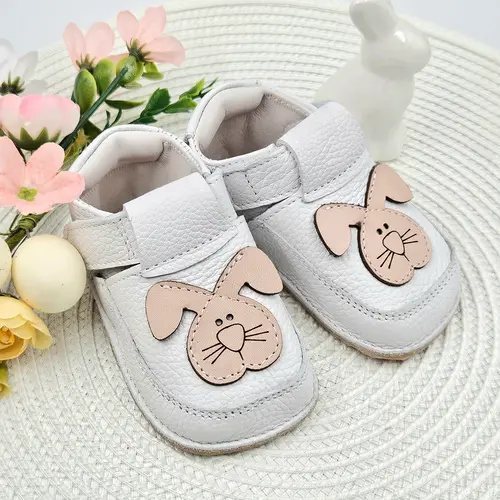 Pantofi barefoot copii, piele naturala, talpa flexibila, alb, iepuras- RO-16-15-24-By Pebebe