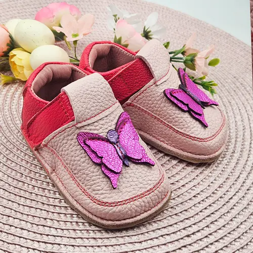 Pantofi barefoot primii pasi pentru copii, piele naturala, talpa flexibila, fluturas roz- RO-16-7-23-By Pebebe