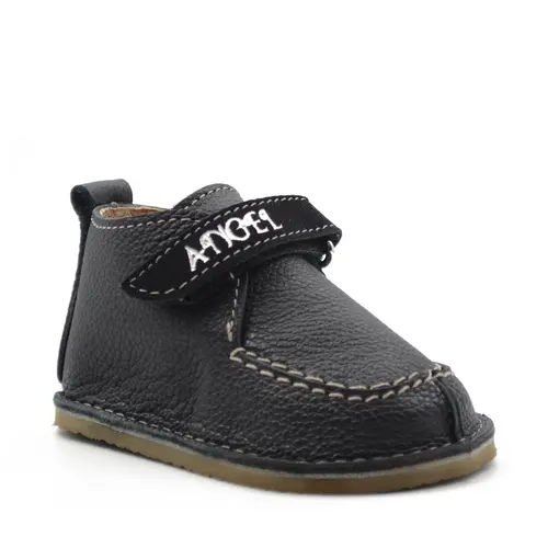 Pantofi din piele naturala pentru copii, talpa cauciuc, scai, Bubu, negru- RO-110-12-22-By Pebebe