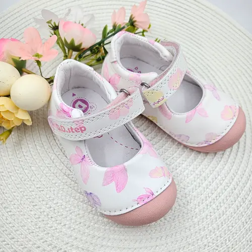 Pantofi fete, piele naturala, decupati, primii pași, alb, imprimeu fluturi, D.D. Step- H015-51291-24-D.D. Step