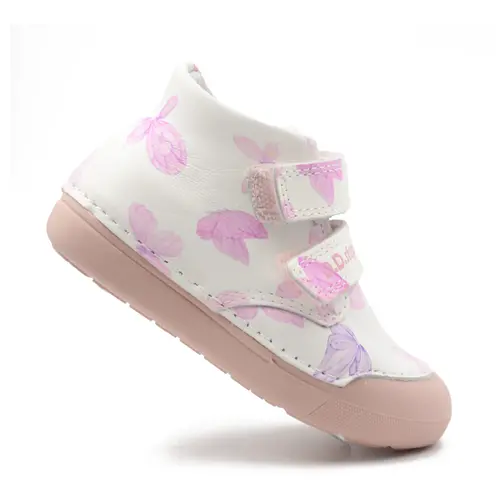 Pantofi fete, piele naturala, primii pasi, alb cu fluturi, D.D. Step- S066-51151-25-D.D. Step