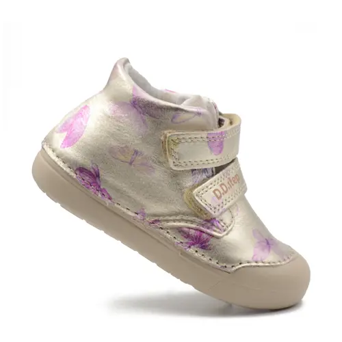 Pantofi fete, piele naturala, primii pasi, crem auriu cu fluturi, D.D. Step- S066-51151A-25-D.D. Step