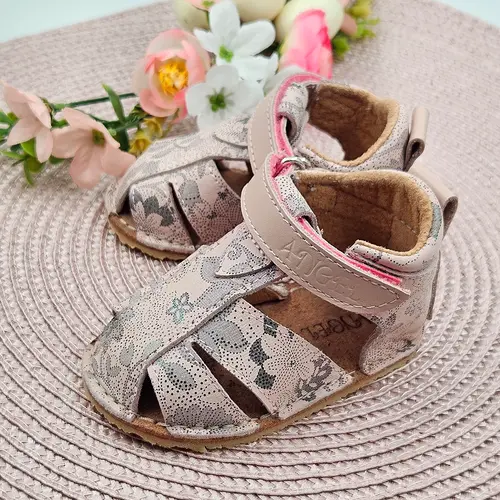 Sandale fete, primii pasi, barefoot, piele naturala, talpa flexibila si inchidere cu scai, roz pictat- RO-100-15-22-By Pebebe