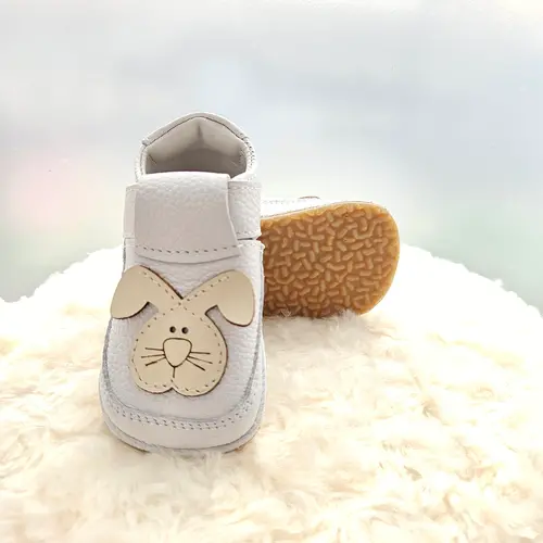 Pantofi barefoot copii, primii pasi, piele naturala, talpa flexibila, alb, model cu iepuras- RO-16-15-24-By Pebebe Pantofi barefoot copii, primii pasi, piele naturala, talpa flexibila, alb, model cu iepuras- RO-16-15-24-By Pebebe
