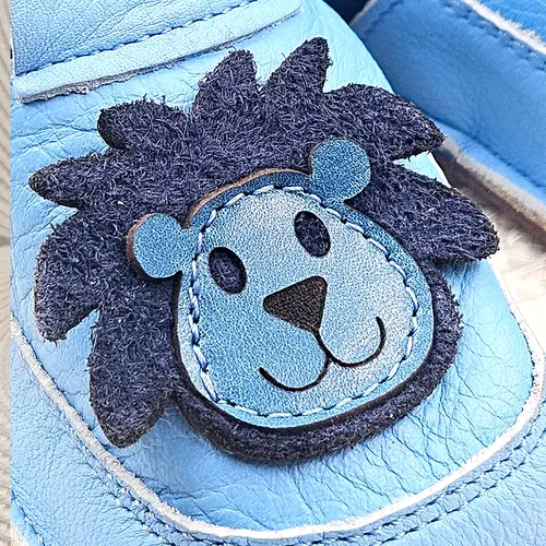 Pantofi pentru primii pasi din piele naturala, talpa flexibila, albastru, model cu leu- RO-16-19-24-By Pebebe