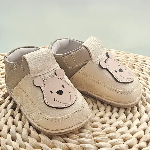 Pantofi barefoot copii, primii pasi, piele naturala, talpa flexibila, grej, ursulet- RO-16-16-24-By Pebebe