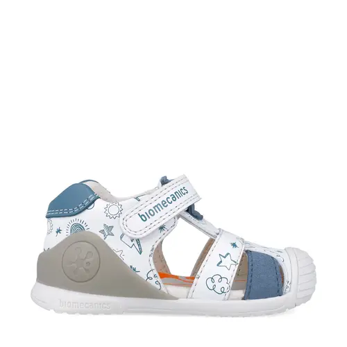 Sandale baieti, piele naturala, talpa flexibila, protectie degete, Biogateo Casual, alb albastru, Biomecanics- 252116-B834-25-Biomecanics