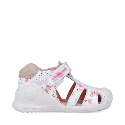 Sandale Biomecanics fete, piele naturala, talpa flexibila, protectie degete, Estampada, alb, Biomecanics- 252101-B050-19-Biomecanics