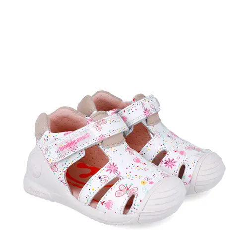 Sandale Biomecanics fete, piele naturala, talpa flexibila, protectie degete, Estampada, alb, Biomecanics- 252101-B050-19-Biomecanics