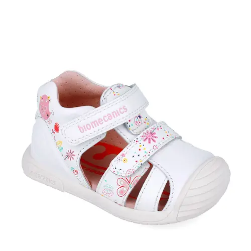 Sandale Biomecanics fete, piele naturala, talpa flexibila, protectie degete, Biogateo Casual, alb print fluturi- 252107-B050-21-Biomecanics