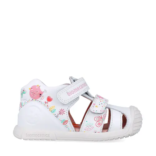 Sandale Biomecanics fete, piele naturala, talpa flexibila, protectie degete, Biogateo Casual, alb print fluturi- 252107-B050-21-Biomecanics