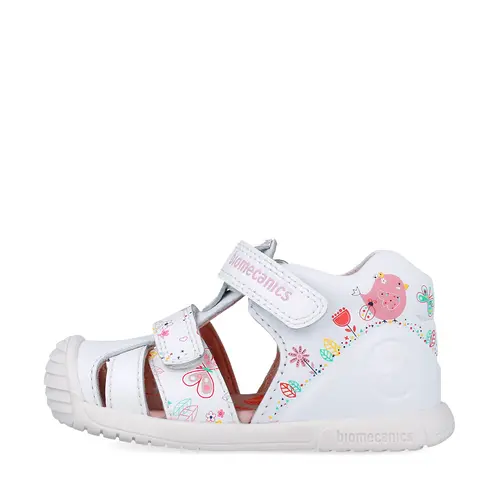 Sandale Biomecanics fete, piele naturala, talpa flexibila, protectie degete, Biogateo Casual, alb print fluturi- 252107-B050-21-Biomecanics
