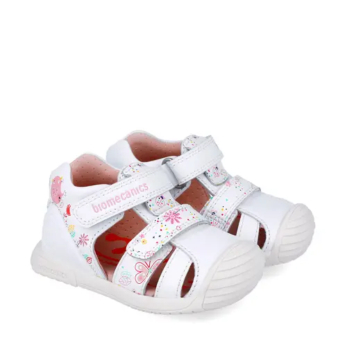 Sandale Biomecanics fete, piele naturala, talpa flexibila, protectie degete, Biogateo Casual, alb print fluturi- 252107-B050-21-Biomecanics