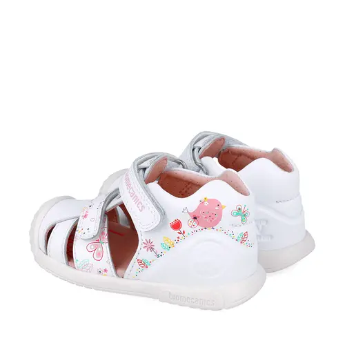 Sandale Biomecanics fete, piele naturala, talpa flexibila, protectie degete, Biogateo Casual, alb print fluturi- 252107-B050-21-Biomecanics