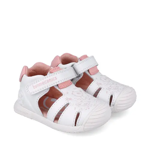 Sandale Biomecanics fete, piele naturala, talpa flexibila, protectie degete, Biogateo Casual, print alb,- 252108-C050-25-Biomecanics