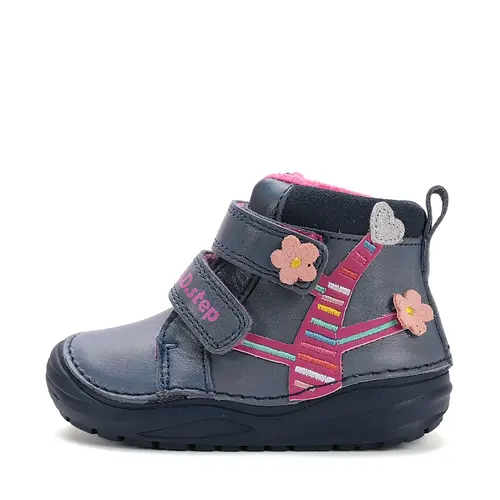 Ghete D.D Step fete, piele naturala, talpa flexibila, captuseala textila, bleumarin, flori- S071-52810A-25-D.D. Step