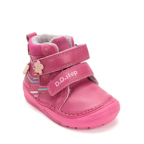 Ghete D.D Step fete, piele naturala, talpa flexibila, captuseala textila, roz inchis, flori- S071-52810B-25-D.D. Step