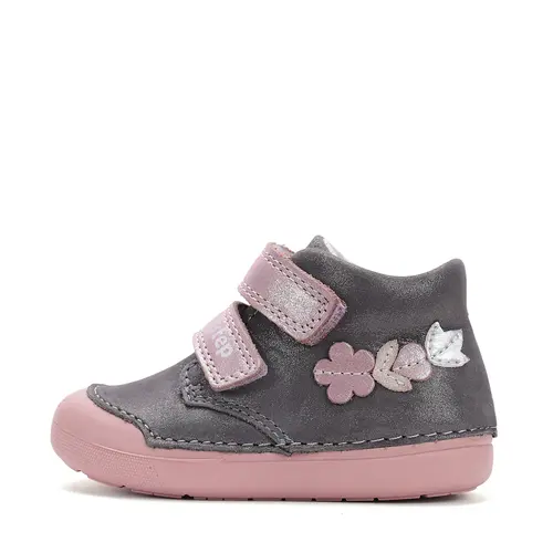 Pantofi D.D. Step fete, piele naturala, primii pasi, talpa felxibila, gri cu barete roz, floricele- S066-52737B-25-D.D. Step
