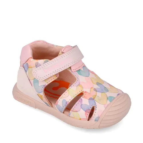 Sandale Biomecanics fete, piele naturala, talpa flexibila, protectie degete, Biogateo Casual, print inimioare, roz- 252110-A779-24-Biomecanics