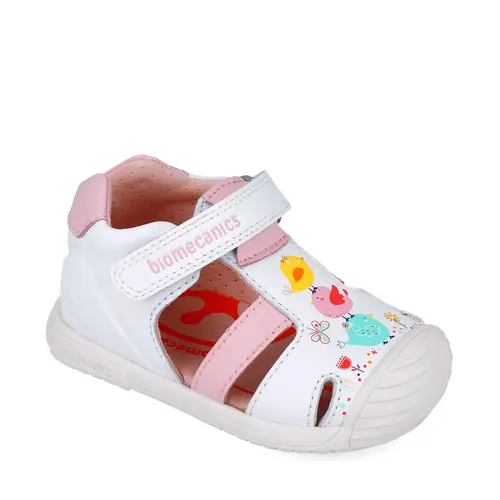 Sandale Biomecanics fete, piele naturala, talpa flexibila, protectie degete, Biogateo Casual, puisori alb- 252106-B050-25-Biomecanics