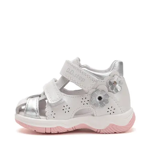 Sandale D.D. Step fete, piele naturala, talpa FlexiSistem, alb argintiu , floricele, D.D. Step- G103-51677-24-D.D. Step