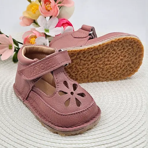 Sandale barefoot copii, piele naturala, primii pasi, talpa flexibila, roz pudra- RO-502-4-22-