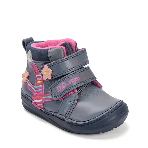 Ghete D.D Step fete, piele naturala, talpa flexibila, captuseala textila, bleumarin, flori - S071-52810A-25-