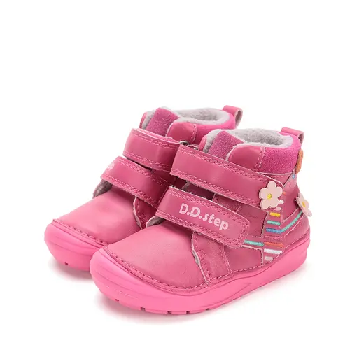 Ghete D.D Step fete, piele naturala, talpa flexibila, captuseala textila, roz inchis, flori - S071-52810B-25-