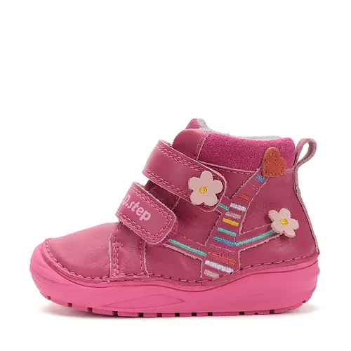 Ghete D.D Step fete, piele naturala, talpa flexibila, captuseala textila, roz inchis, flori - S071-52810B-25-