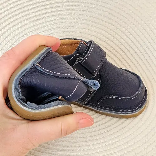 Pantofi barefoot baieti, piele naturala, primii pasi, talpa flexibila, culoare bleumarin, Smiley- RO-500-2-24-By Pebebe