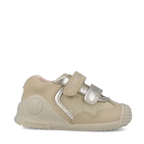 Pantofi Biomecanics Fete, piele naturala, primii pași, sustinere calcai, BioGateo, culoare bej, inimioare- 251103-B547-25-