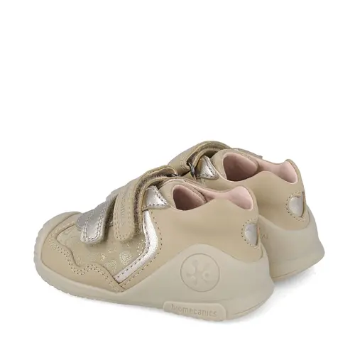 Pantofi Biomecanics Fete, piele naturala, primii pași, sustinere calcai, BioGateo, culoare bej, inimioare- 251103-B547-25-