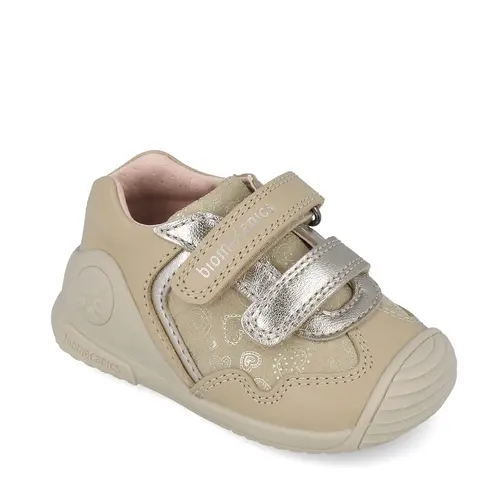 Pantofi Biomecanics Fete, piele naturala, primii pași, sustinere calcai, BioGateo, culoare bej, inimioare- 251103-B547-25-