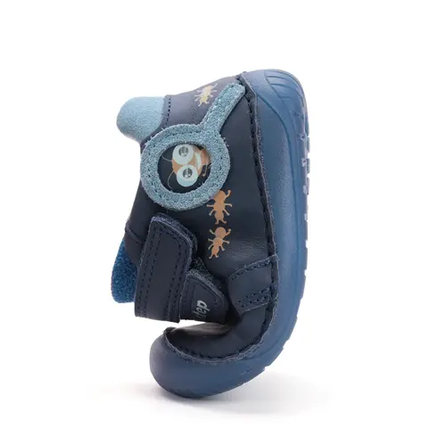 Pantofi D.D. Step baieti, piele naturala, barefoot, primii pasi, talpa fluorescenta, albastru inchis, furnicute- S070-52576-25-