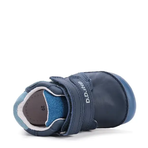 Pantofi D.D. Step baieti, piele naturala, barefoot, primii pasi, talpa fluorescenta, albastru inchis, furnicute- S070-52576-25-