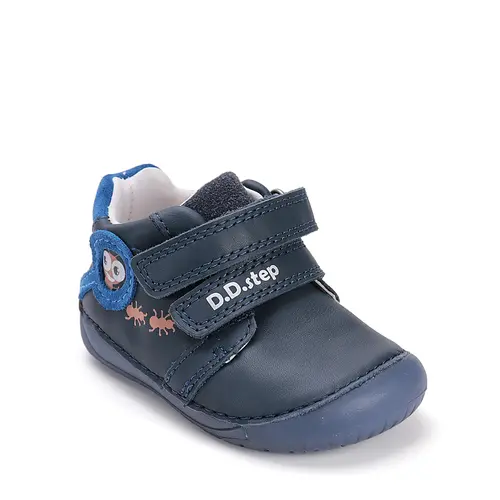 Pantofi D.D. Step baieti, piele naturala, barefoot, primii pasi, talpa fluorescenta, bleumarin, furnicute- S070-52576A-25-