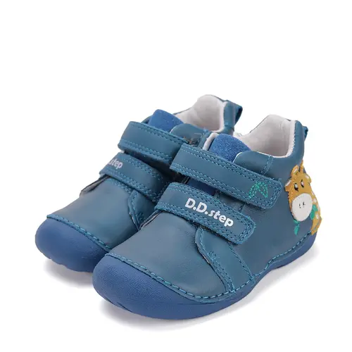 Pantofi D.D. Step baieti, primii pasi, piele naturala, talpa flexibila, albastru, girafa- S015-52874A-24-