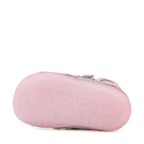 Pantofi D.D Step fete, barefoot, primii pasi,talpa fluorescenta, piele naturala, argintiu, fluturi- S070-52838-25-