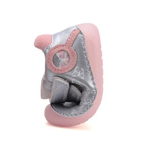 Pantofi D.D Step fete, barefoot, primii pasi,talpa fluorescenta, piele naturala, argintiu, fluturi- S070-52838-25-