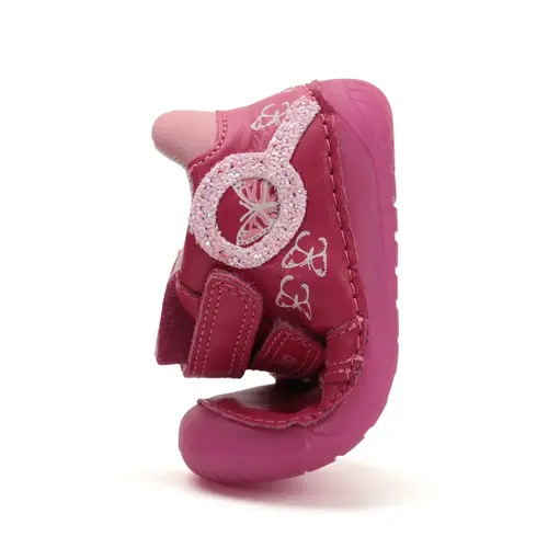 Pantofi D.D Step fete, barefoot, primii pasi, piele naturala, talpa fluorescenta, roz inchis, fluturi- S070-52838A-25-